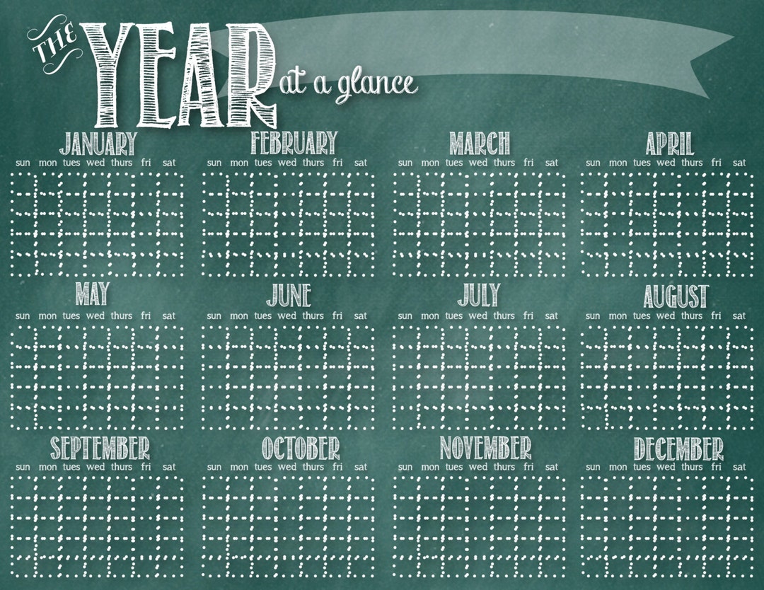 Year at a Glance Chalkboard Calendar Blue INSTANT DOWNLOAD - Etsy