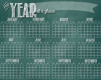 Year At a Glance Chalkboard Calendar - Blue - INSTANT DOWNLOAD