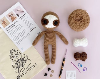 Sloth crochet kit for beginners | Animal starter kit DIY craft amigurumi | Gift for adults with yarn and video tutorials