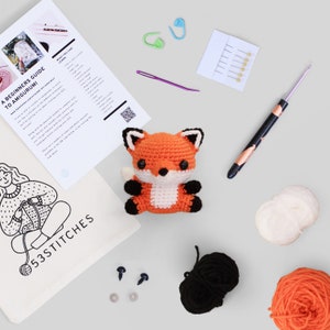 Fox crochet kit for beginners | Animal starter learn to crochet DIY craft amigurumi | Gift for adults with yarn and video tutorials