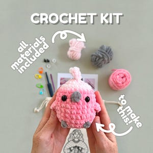 May include: A crochet kit to make a pink and white bird amigurumi. The kit includes all the materials needed, including yarn, a crochet hook, and stuffing. The finished bird is about 6 inches tall.
