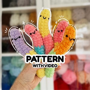 May include: A hand holds a collection of colorful, plush, worm-shaped toys with smiling faces. The worms are in shades of purple, pink, yellow, and orange, with a turquoise base. The text "PATTERN WITH VIDEO" is overlaid on the image.
