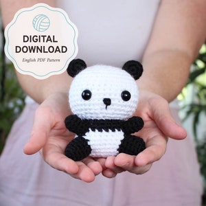 May include: A crocheted panda amigurumi toy with black ears, eyes, nose, and paws. The panda is wearing a black and white striped collar. The toy is being held in the hands of a person.