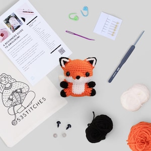Fox crochet kit for beginners | Animal starter learn to crochet DIY craft amigurumi | Gift for adults with yarn and video tutorials