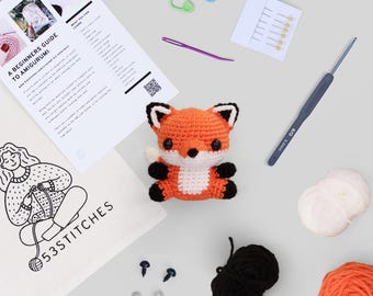 Fox crochet kit for beginners | Animal starter learn to crochet DIY craft amigurumi | Gift for adults with yarn and video tutorials