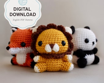 Lion, fox, and panda amigurumi crochet pattern bundle | Cute animal plush doll instructions with tutorials and videos for beginners discount