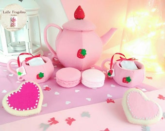 Strawberry felt tea set with macaron & cookies felt toys(small) - Felt food toys for children removable tea