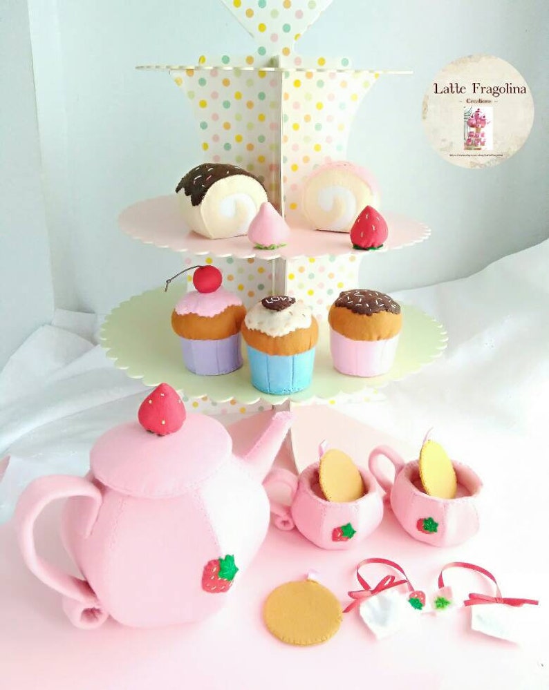 Tea Set Felt Toys, Strawberry Tea Set, Felt Food Toys for Children, Tea