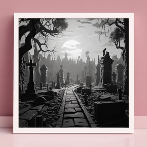 Halloween Wall Decor Art Haunted Graveyard Scene Printable Digital Print