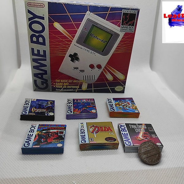 Boîtes GAMEBOY & 6 Jeux. Boîtes miniatures faites à la main. Échelle 1:4