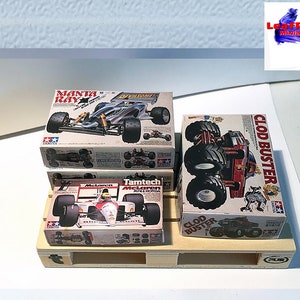 Miniature box replica - TOYS set, TAMIYA; Manta Ray, McLaren Mp4 6 Honda, Clod Buster, Scalextric GP 66. 1/12 scale.