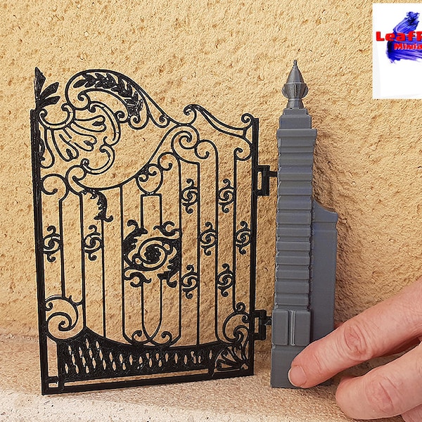 PORTE DE CLÔTURE avec pilier, comparaison en fer. Pla plastique fabriqué. Miniature décorative. Tailles personnalisées. Échelle de maison de poupée 1:12. Bricolage non peint