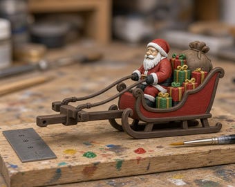 Miniature SANTA SLEIGH 2.35" (60mm). Resin printed. Unpainted option and handmade painted. Deco for Christmas and for your dollhouse.