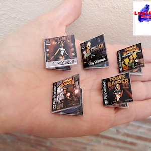 Set 5 Miniature Videogames. Vintage Tomb Raider PS1 series; Scale 1/6. Handmade. Desktop, cake topper, gift, diorama, room decor.