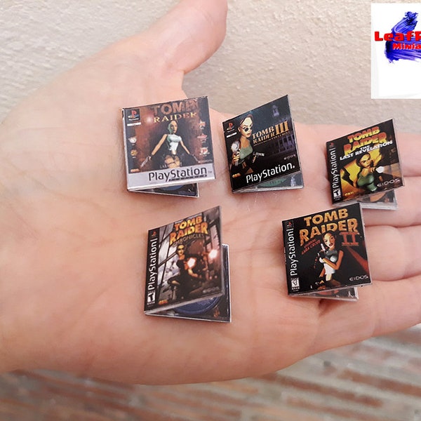 Set 5 Videogames Miniature. Vintage Tomb Raider PS1 series; Scale 1/6. Handmade. Desktop, cake topper, gift, diorama, room decor.