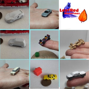 N scale. CARS. Assortment. Resin 3D made unpainted. Game pieces, token, monopoly pieces. Custom painted available. Mclaren, F1, Mini, Chevy