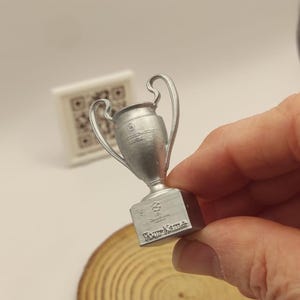 Puede incluir: Un trofeo en miniatura de color plateado con dos asas curvas y una base cuadrada. La base presenta un pequeño logotipo grabado y el texto "Your Name" impreso en la parte frontal. El trofeo se sostiene en la mano, mostrando su pequeña escala.