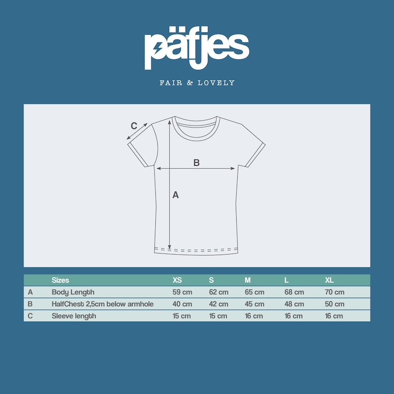May include: Size chart for a t-shirt with measurements in centimetres for XS, S, M, L, and XL sizes. The chart shows the body length, half chest, and sleeve length.