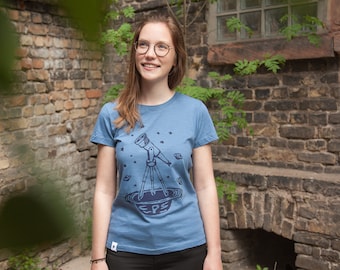 Teleskop mit Sternen - Frauen T-Shirt - Fair gehandelt - Baumwolle Bio - Slub Blau