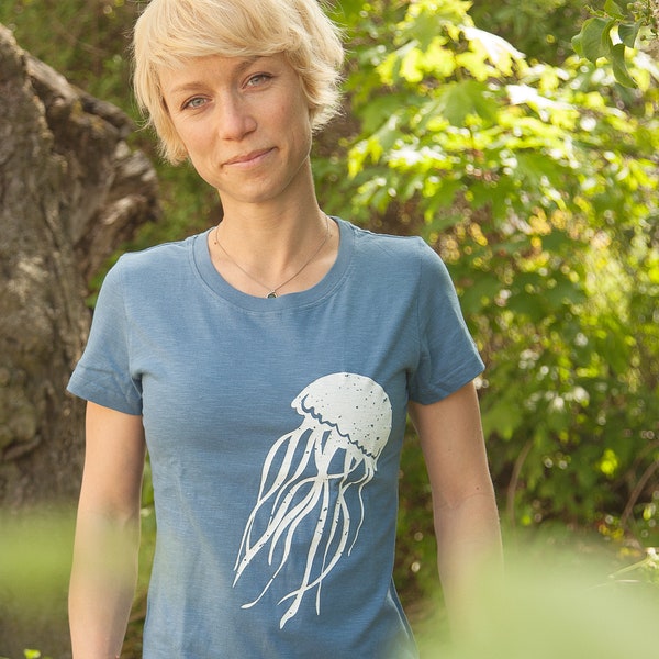 Qualle Jellyfish - Frauen T-Shirt - Fair gehandelt aus Baumwolle Bio - Slub Blau