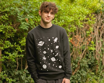 Space with Cat & Astronaut - Fair Wear Unisex Sweater - Black