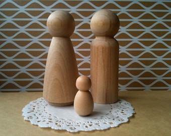 Family of Three (3) Wooden Peg Dolls, Perfect for DIY Cake Toppers for Weddings or People for Doll Houses, Unfinished