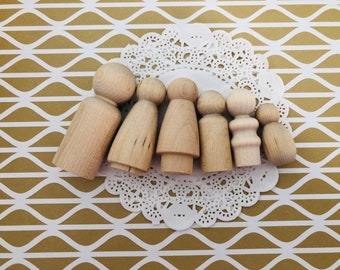 Family of Six (6) Wood Peg Dolls - Sampler Pack - People for Doll Houses Toys Cake Toppers for Weddings, Birthdays, Unfinished