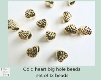 Gold heart big hole beads | 12 beads for jewelry making | fits leather cord and metal bangles