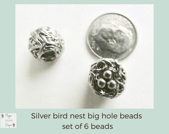 Silver bird nest big hole metal bead | DIY jewelry supply | set of 6 beads