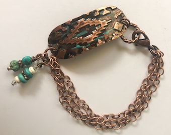 Embossed copper and chain southwest style bracelet with turquoise accent beads | great for layering with your other bracelets