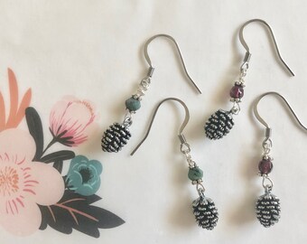 NEW! Silver plated pine cone earrings with gemstones | choose garnet or emerald accent beads | stainless steel ear wires
