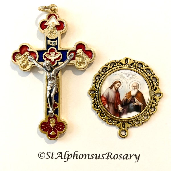 WATERPROOF | Red & Blue Enamel Trinity Jubilee Rosary Set | Goldtone | Choice of Rosary Set or Center | Rosary Parts Supplies | STA-101-163