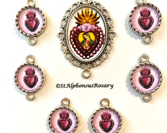 WATERPROOF Our Lady of Guadalupe Silver Rosary Set | Center with 6 small Milagros (Sacred Heart) Connectors | Rosary Parts | STA-101-137