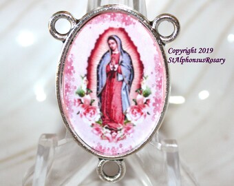 Pink Our Lady of Guadalupe  Custom Rosary Center |Antique Silver Finish | Custom Rosary Supplies | Rosary Parts | STA-101-226