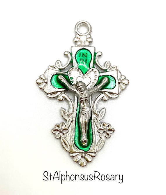 Deluxe Green Enamel Hearts and Flowers Rosary Crucifix or Pendant
