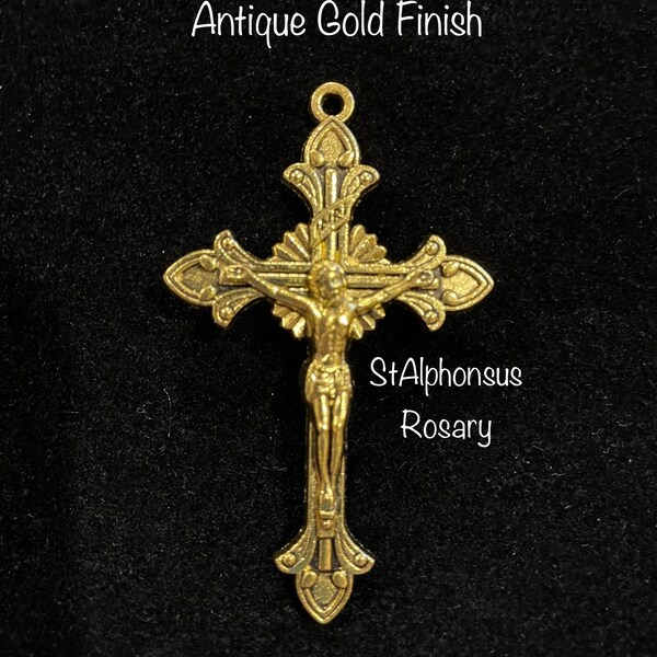 Antique Gold Crucifix | Large Size Rosary Making Crucifix (2 and 1/8  inches) or Pendant | Your Choice of One, Three or Five!