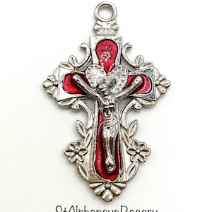 Deluxe Red Enamel Hearts and Flowers Rosary Crucifix or Pendant | Large Rosary Making Crucifix (2 inches) | Rosary Parts | Rosary Supplies