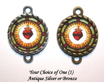 One (1) Vintage Sacred Heart Image Bead | Medal Connector | Rosary Links |Your Choice of Antique Silver or Bronze | STA-101-231