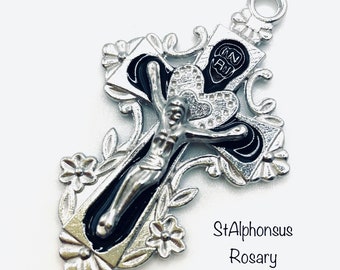 Deluxe Black Enamel Hearts and Flowers Rosary Crucifix or Pendant | Large Rosary Making Crucifix (2 inches) | Rosary Parts | Rosary Supplies