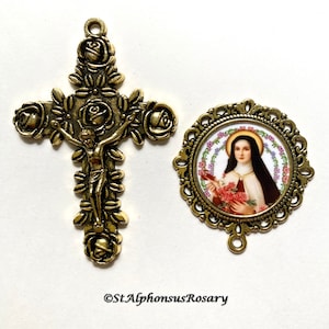 WATERPROOF | St Therese Antique Gold Rosary Set | Choice of Rosary Set, Center or Antique Gold Rose Crucifix | Rosary Parts | STA-101-45