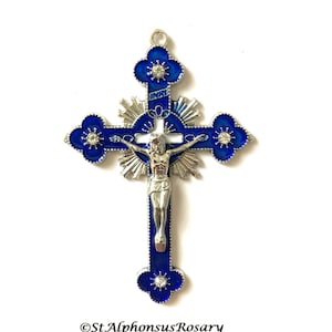 Deluxe Blue Enamel Rhinestone Rosary Crucifix or Pendant| Large Rosary Making Crucifix (2 inches) | Rosary Parts | Rosary Supplies