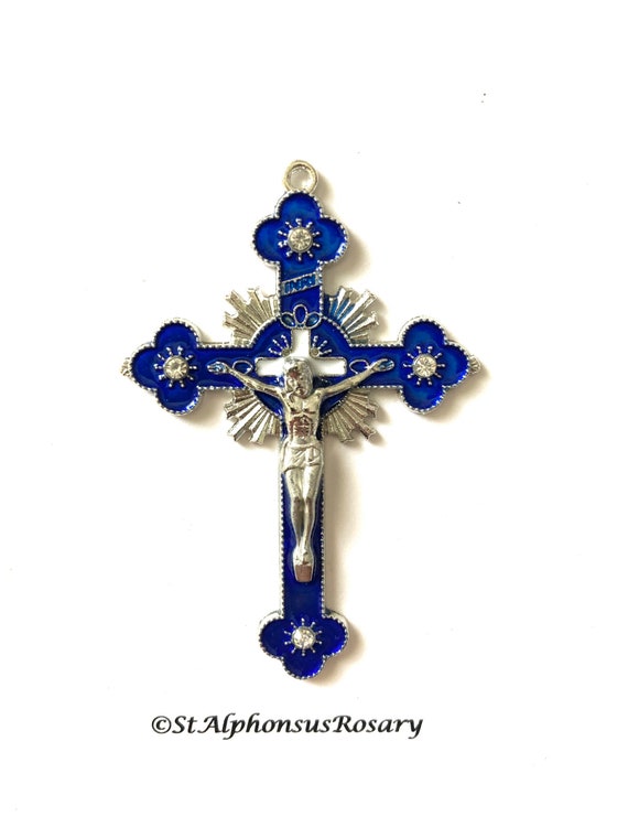 Deluxe Blue Enamel Rhinestone Rosary Crucifix or Pendant Large