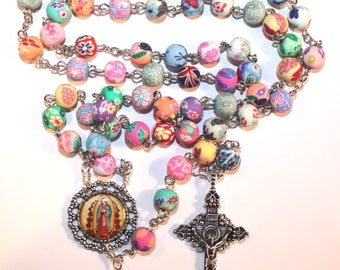 Our LADY of GUADALUPE Polymer Rosary | Colorful Floral Beads | Custom Center #1 | STA-101-31
