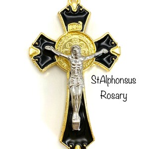 Three Inch Black Enamel Gold Tone Double-Sided St. Benedict Crucifix | EXTRA LARGE Crucifix for Pendant or Rosary Parts | Rosary Supplies