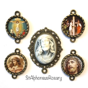 Jesus Crowned with Thorns Cameo Rosary Set | Center & 4 Pater Image Medal Connectors Links |  Choice of Bronze or Silver | STA-101-111