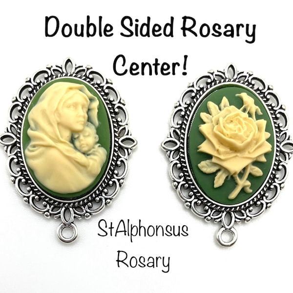 One (1) Double Sided Cameo Rosary Center | Green Madonna Cameo with matching Green & Tan Rose Cameo | Rosary Parts