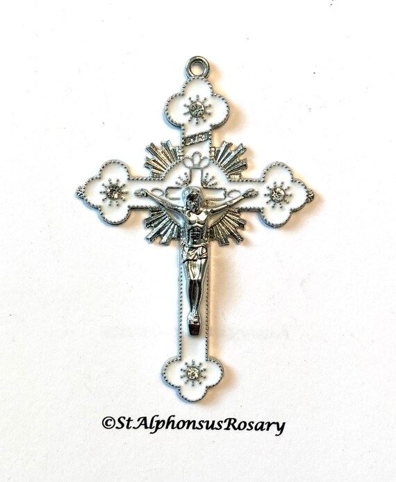 White Enamel Rhinestone Deluxe Rosary Crucifix or Pendant Large