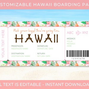 Boleto de avión editable, tarjeta de embarque hawaiana personalizada imprimible, vale de regalo de viaje sorpresa a Hawái, boleto de avión de vacaciones tropicales