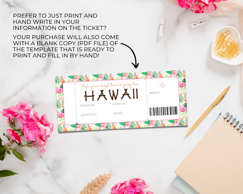 Editable Airline Ticket, Personalized Hawaiian Boarding Pass Printable