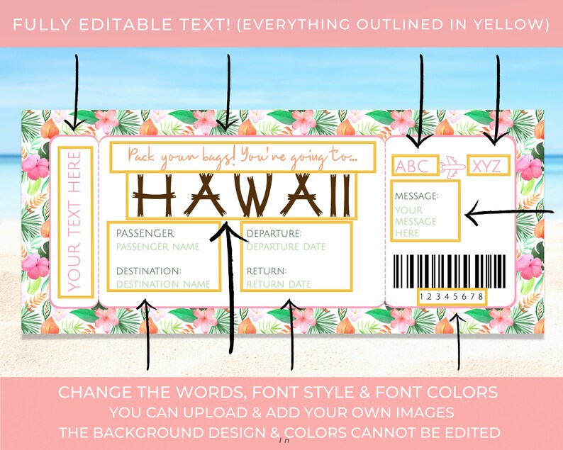 Editable Airline Ticket, Personalized Hawaiian Boarding Pass Printable